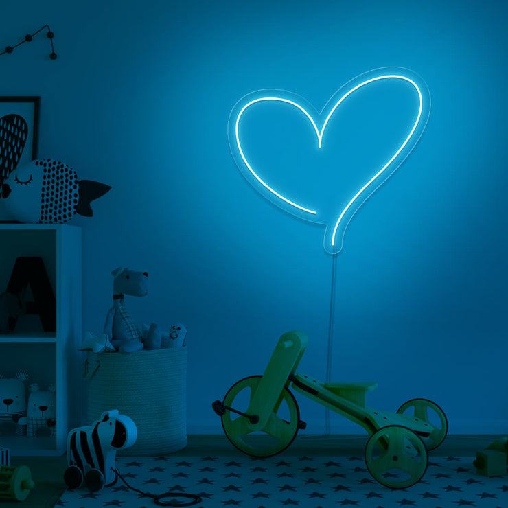 ice blue love heart neon sign hanging on kids bedroom wall