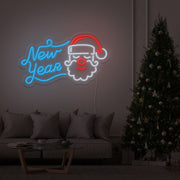 ice blue new year santa neon sign hanging on living room wall