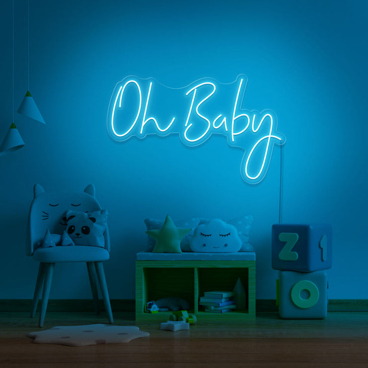 ice blue oh baby neon sign hanging on kids bedroom wall