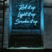 ice blue roll it up cypress hill neon sign hanging on bar wall