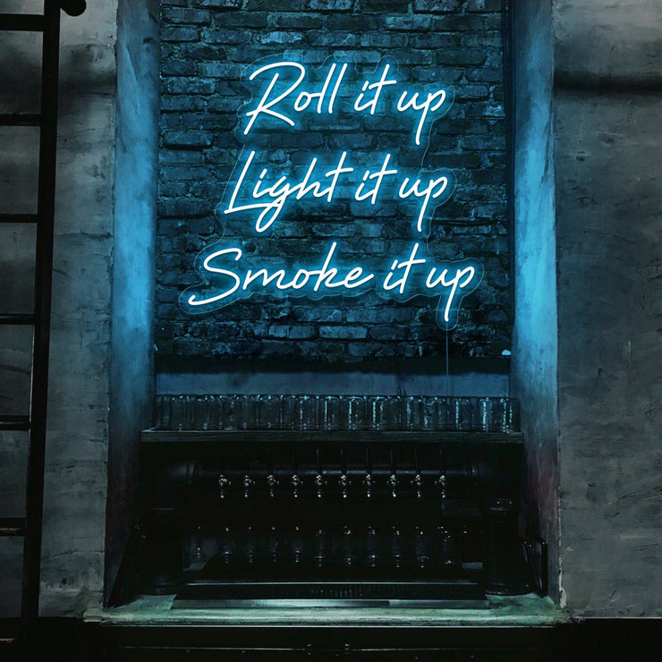 ice blue roll it up cypress hill neon sign hanging on bar wall