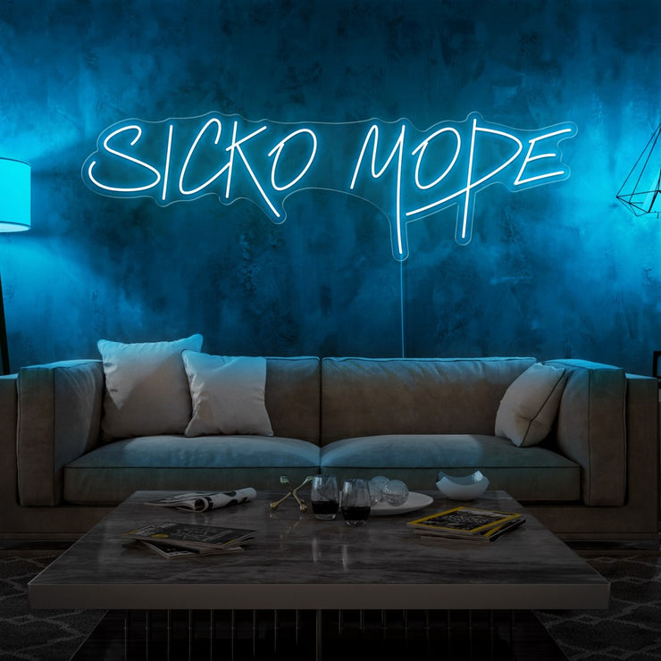 ice blue sicko mode neon sign hanging on living room wall