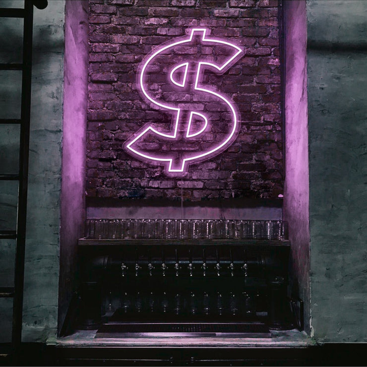light pink dollar neon sign hanging on bar wall