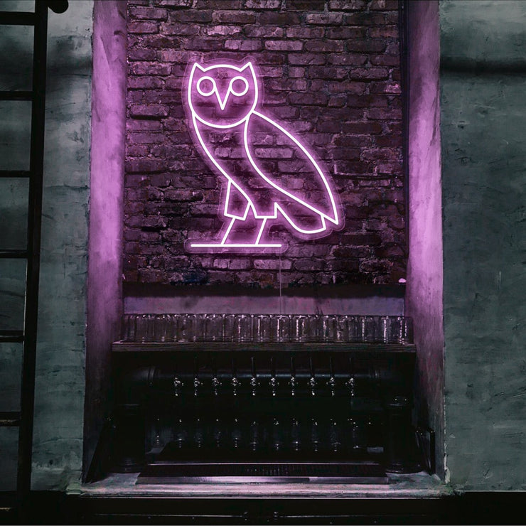 light pink drake ovo owl neon sign hanging on bar wall