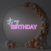 light pink it's my birthday neon sign hanging in gold hoop backdrop with balloons
