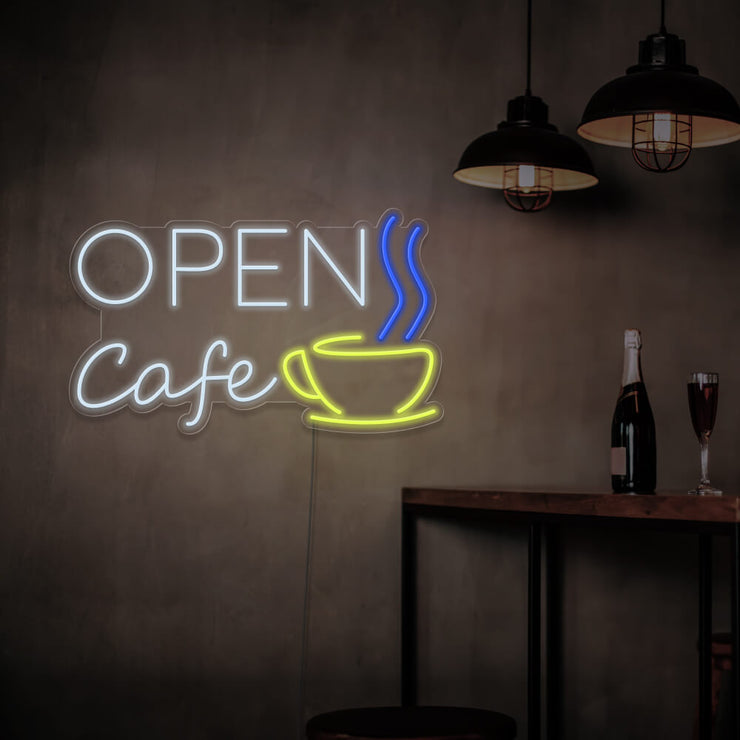 multicoloured open cafe neon sign hanging on cafe wall