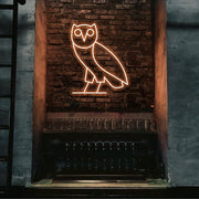 orange drake ovo owl neon sign hanging on bar wall