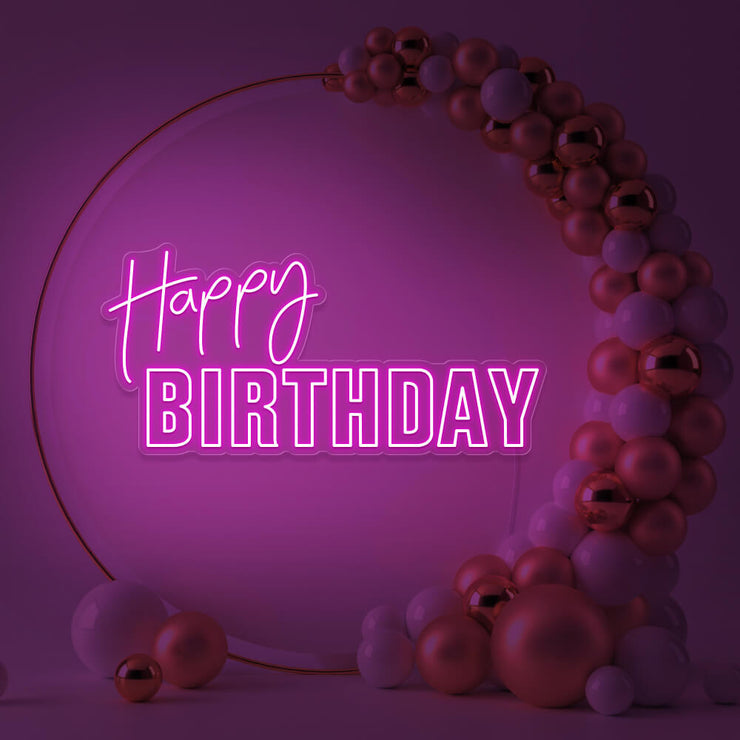 hot pink happy birthday neon sign hanging inside gold hoop balloon backdrop