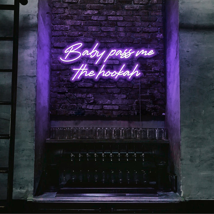 purple baby pass me the hookah neon sign hanging on bar wall