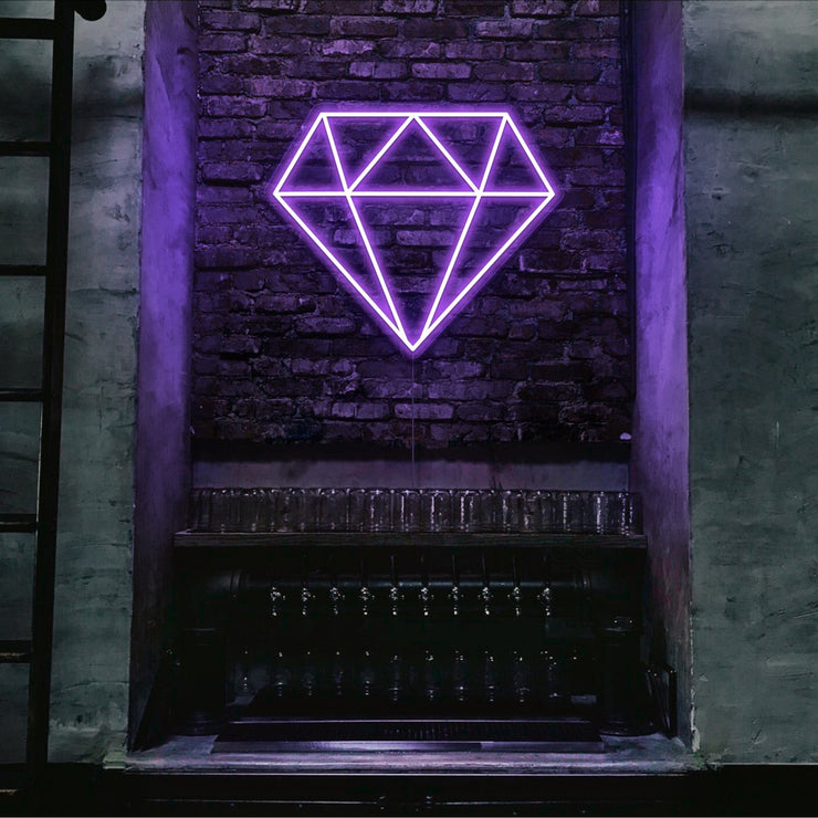 purple diamond neon sign hanging on bar wall