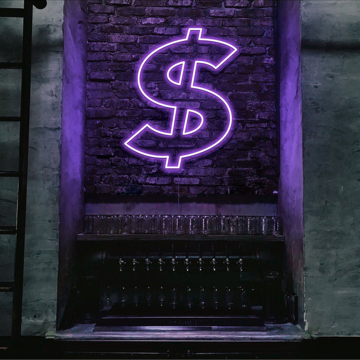 purple dollar neon sign hanging  on bar wall
