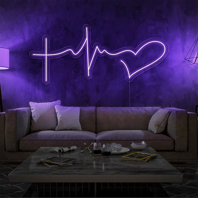 purple faith hope and love neon sign hanging on living room wall