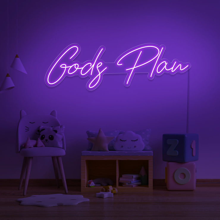 purple Gods plan neon sign hanging on kids bedroom wall