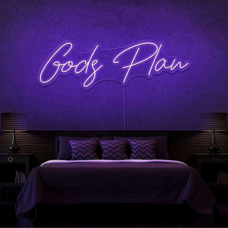 purple gods plan neon sign hanging on bedroom wall