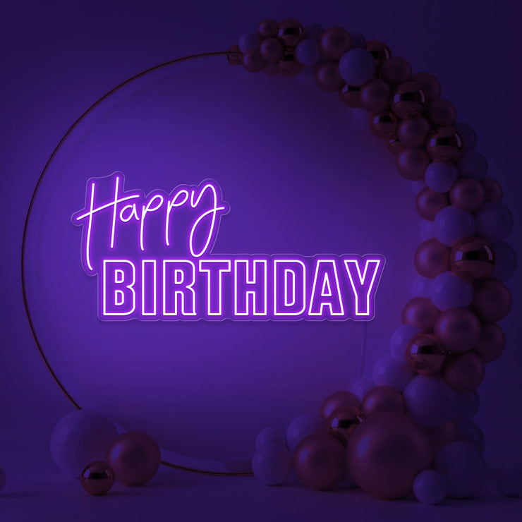 purple happy birthday neon sign hanging inside gold hoop balloon backdrop