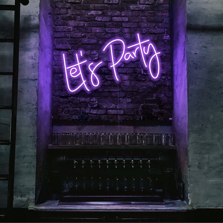 purple lets party neon sign hanging on bar wall