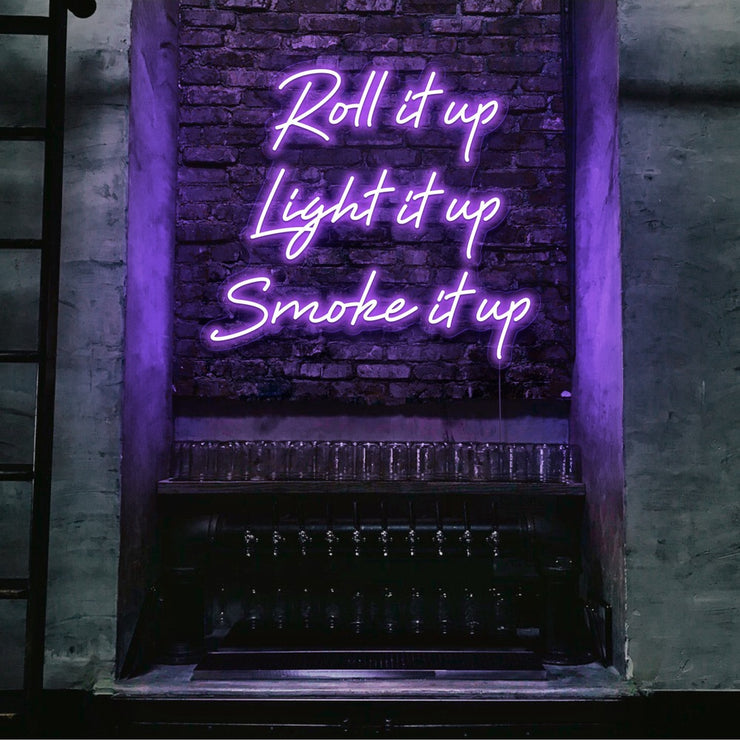 purple roll it up cypress hill neon sign hanging on bar wall