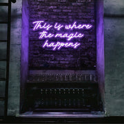 purple this is where the magic happens neon sign hanging on bar wall