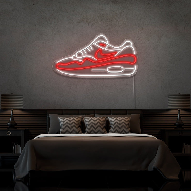 red air max 1 sneaker neon sign hanging on bedroom wall