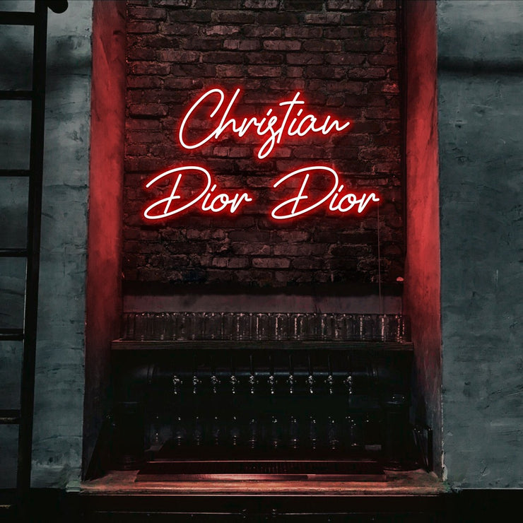 red christian dior dior neon sign hanging on bar wall