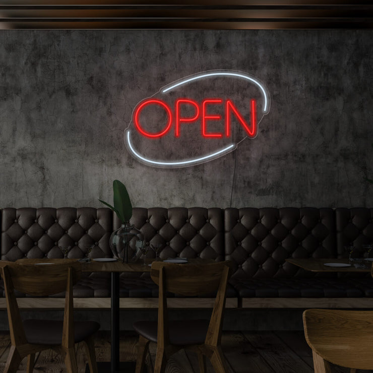 red open neon sign hanging on restaurant wall