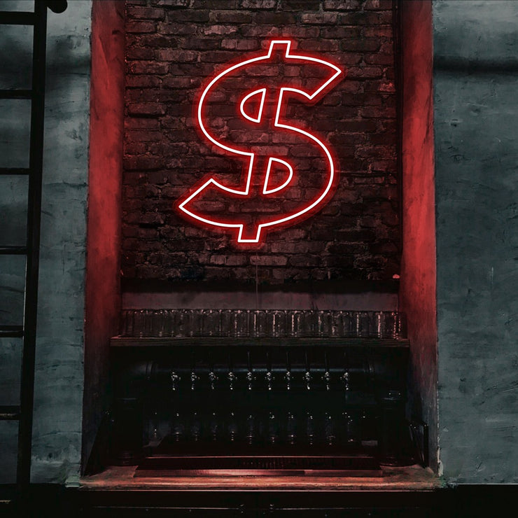 red dollar neon sign hanging on bar wall