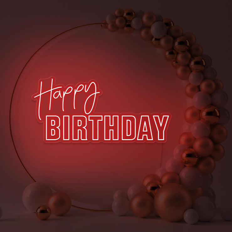 red happy birthday neon sign hanging inside gold hoop balloon backdrop