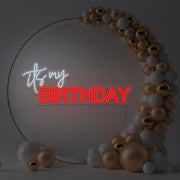 red it's my birthday neon sign hanging in gold hoop backdrop with balloons