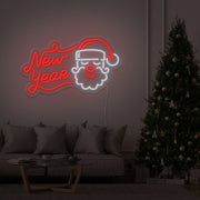 red new year santa neon sign hanging on living room wall