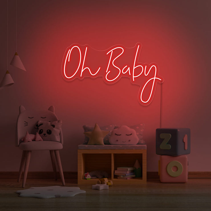 red oh baby neon sign hanging on kids bedroom wall