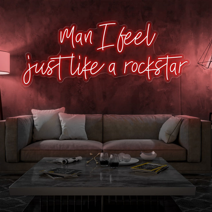 red man i feel just like a rockstar neon sign hanging on living room wall