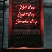 red roll it up cypress hill neon sign hanging on bar wall