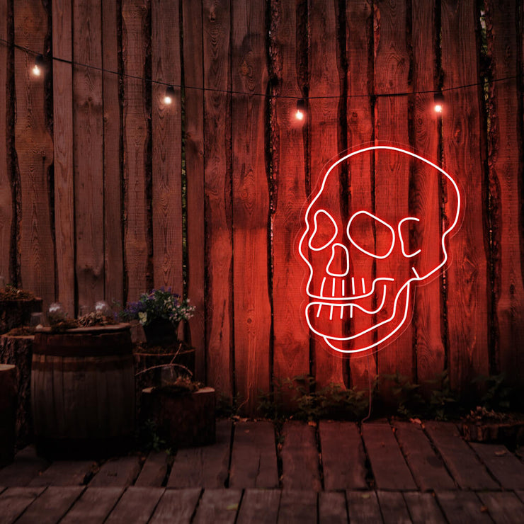 red skull neon sign hanging on timber fence