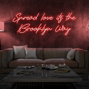 red spread love the brooklyn way neon sign hanging on living room wall