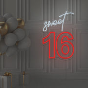 red sweet 16 neon sign hanging on wall