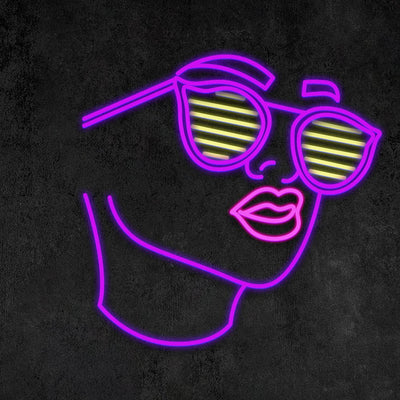 multicoloured sunglasses on womans face neon sign