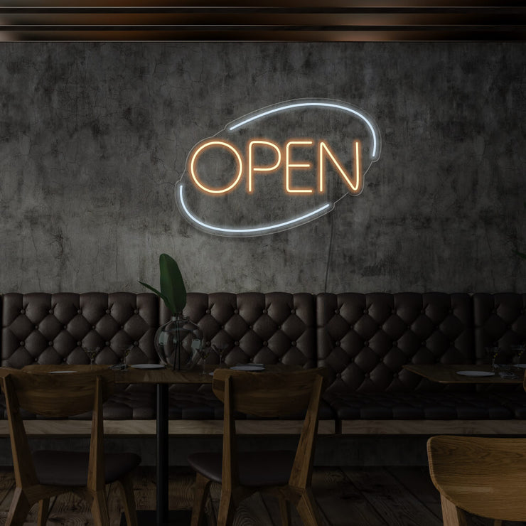 warm white open neon sign hanging on restaurant wall