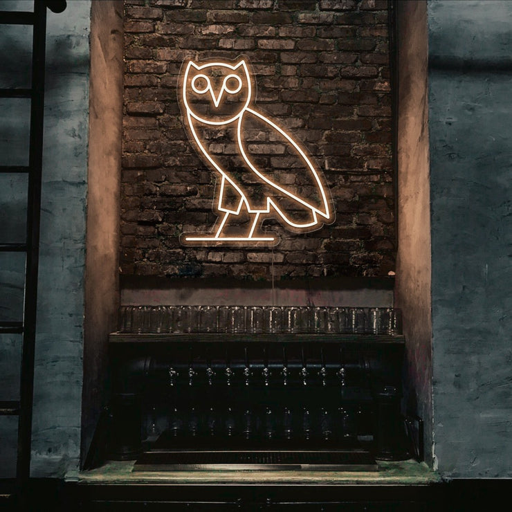 warm white drake ovo owl neon sign hanging on bar wall