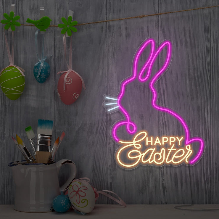 warm white happy easter bunny neon sign hanging on wall
