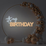 warm white it's my birthday neon sign hanging in gold hoop backdrop with balloons