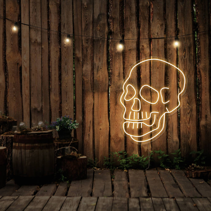 warm white skull neon sign hanging on timber fence