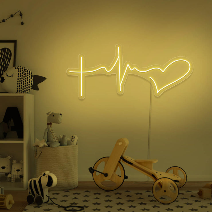 yellow faith hope love neon sign hanging on kids bedroom wall
